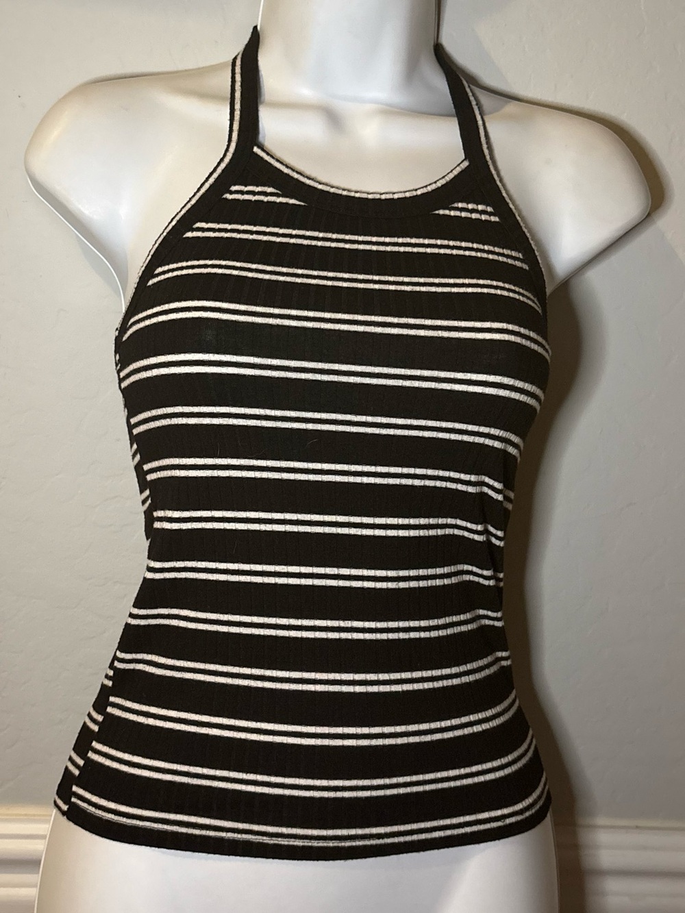 Mudd Black & White Striped Halter Ribbed Tank Top